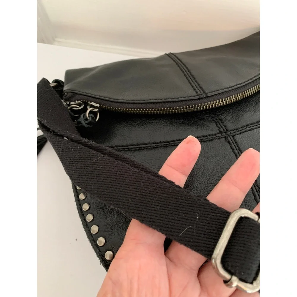The Sak Silverlake Crossbody Purse / Black Studded Leather Moto Bag w Fringe Zip
